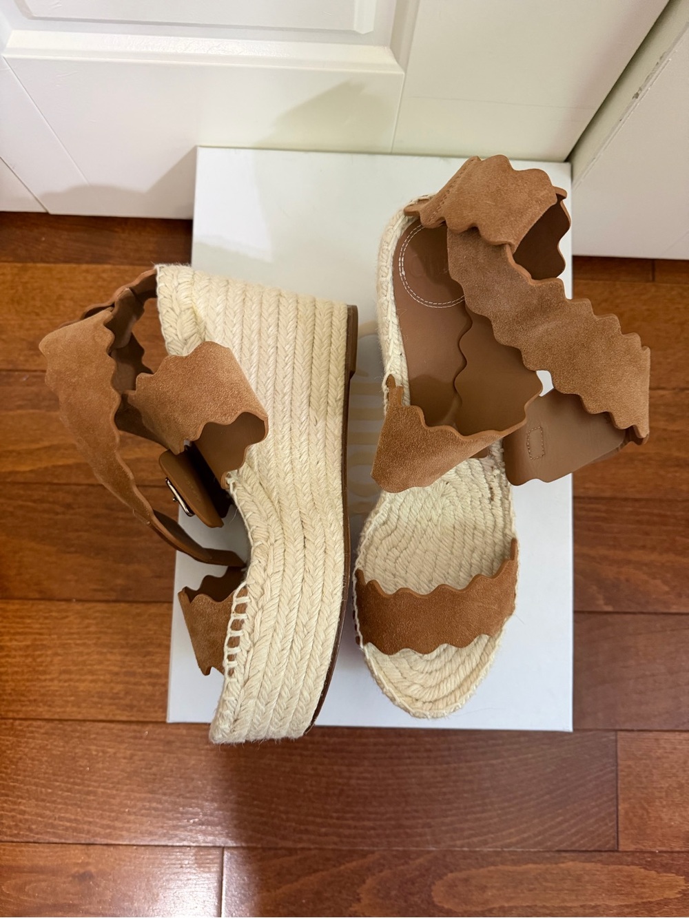 Chloe Tan Scalloped Suede Espadrille Wedge Sandals